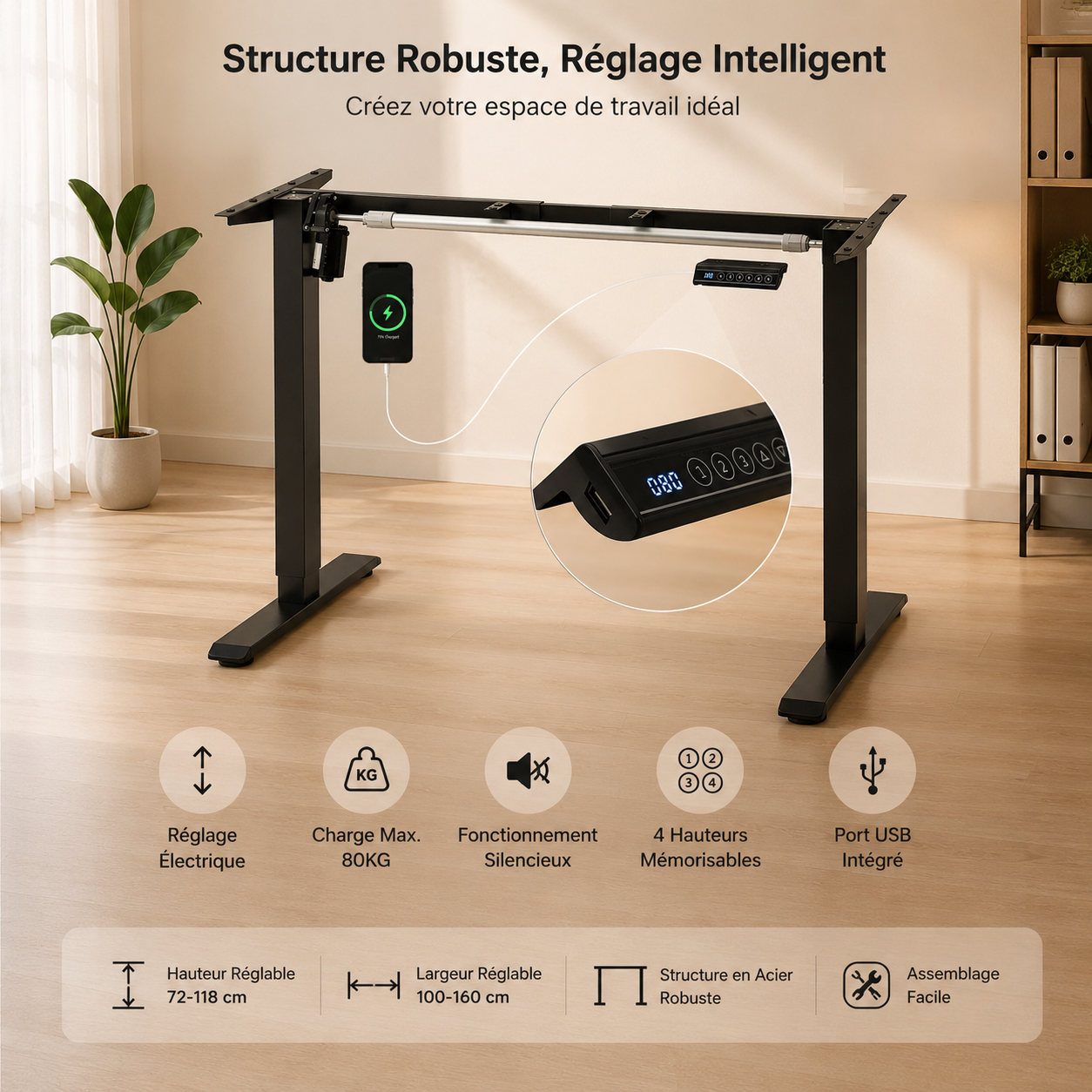 Pied de Bureau Assis-Debout Électrique WOLTU — 4 Mémoires, Port USB, Réglable 72–120 cm Ergo & Fit