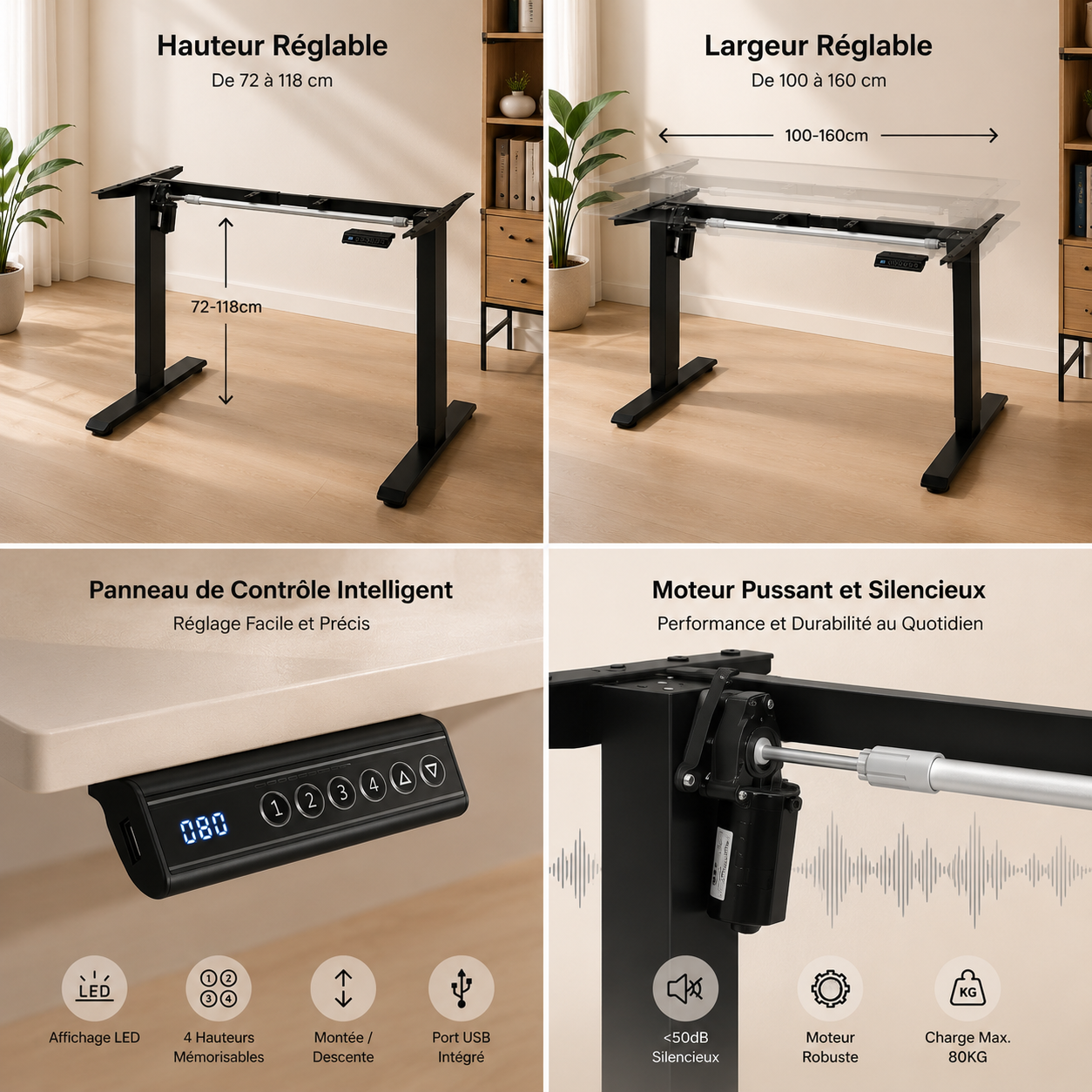 Pied de Bureau Assis-Debout Électrique WOLTU — 4 Mémoires, Port USB, Réglable 72–120 cm Ergo & Fit