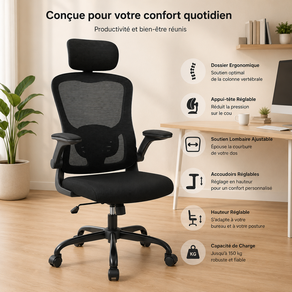 Chaise de Bureau Ergonomique Maille Haute — Appui-tête & Soutien Lombaire Réglables, Accoudoirs Rabattables Ergo & Fit