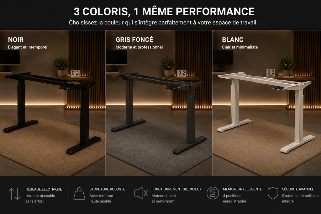 Pied de Bureau Assis-Debout Électrique WOLTU — 4 Mémoires, Port USB, Réglable 72–120 cm Ergo & Fit