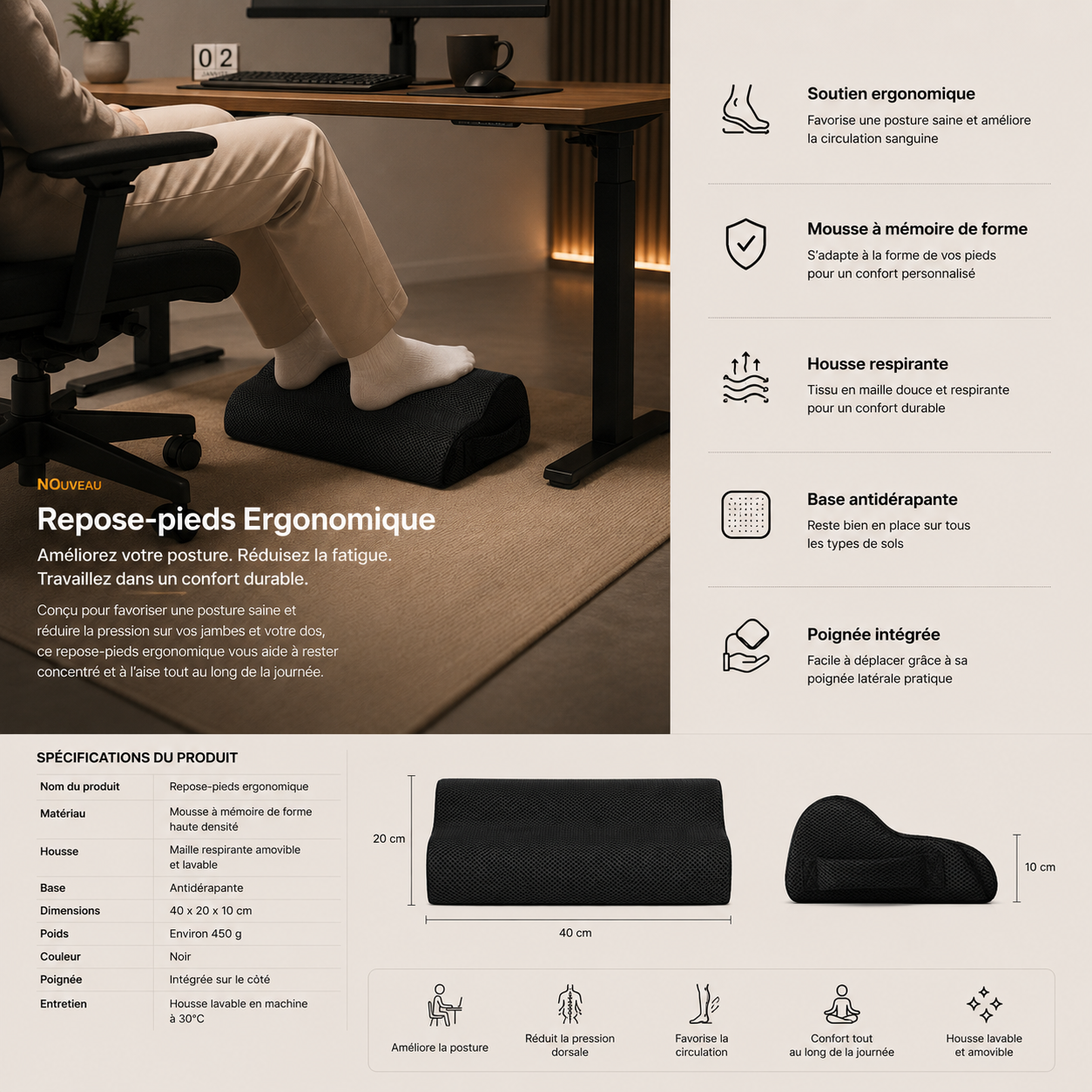 Repose-Pieds Ergonomique Bureau & Gaming – Mousse à Mémoire de Forme, Confort & Posture Ergo & Fit