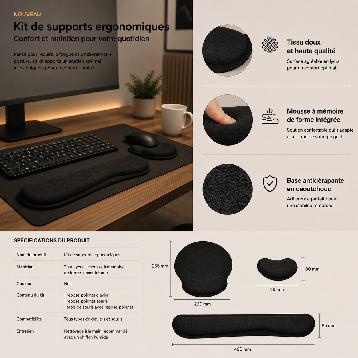 Repose-Poignet Ergonomique Clavier & Souris – Confort Gaming & Bureau Anti-Fatigue Ergo & Fit