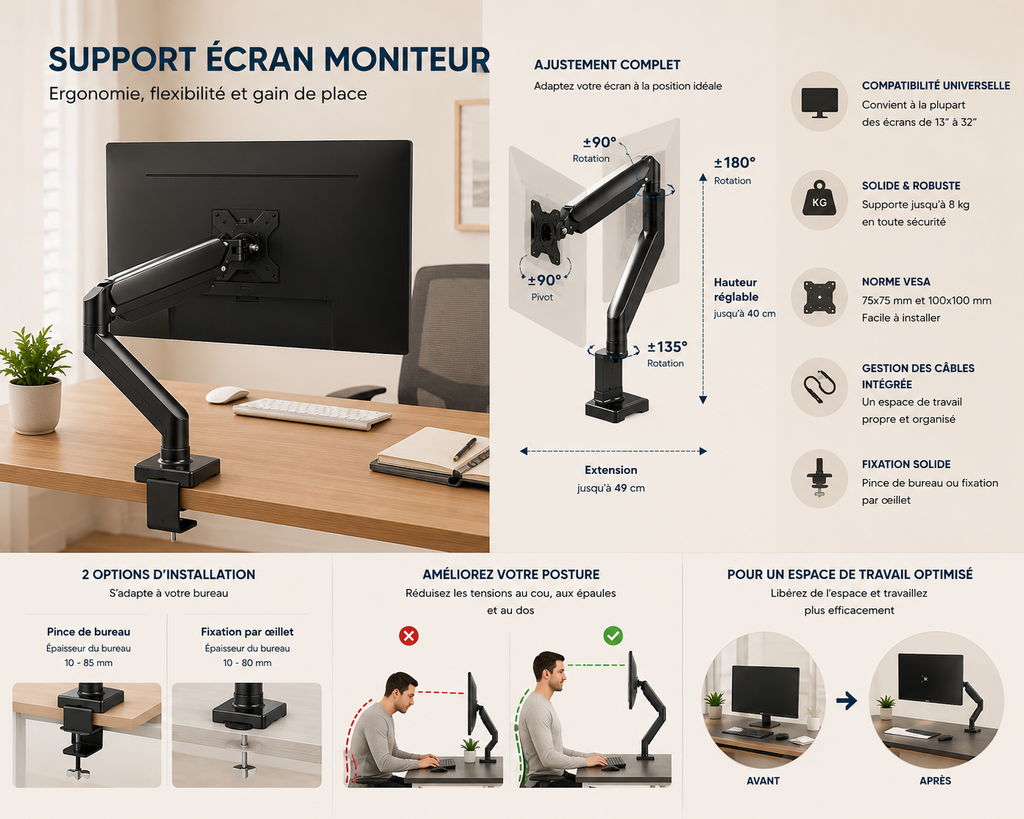 Support Moniteur Universel 35" — Bras Simple Réglable, Capacité 10 kg, Noir ou Blanc Ergo & Fit