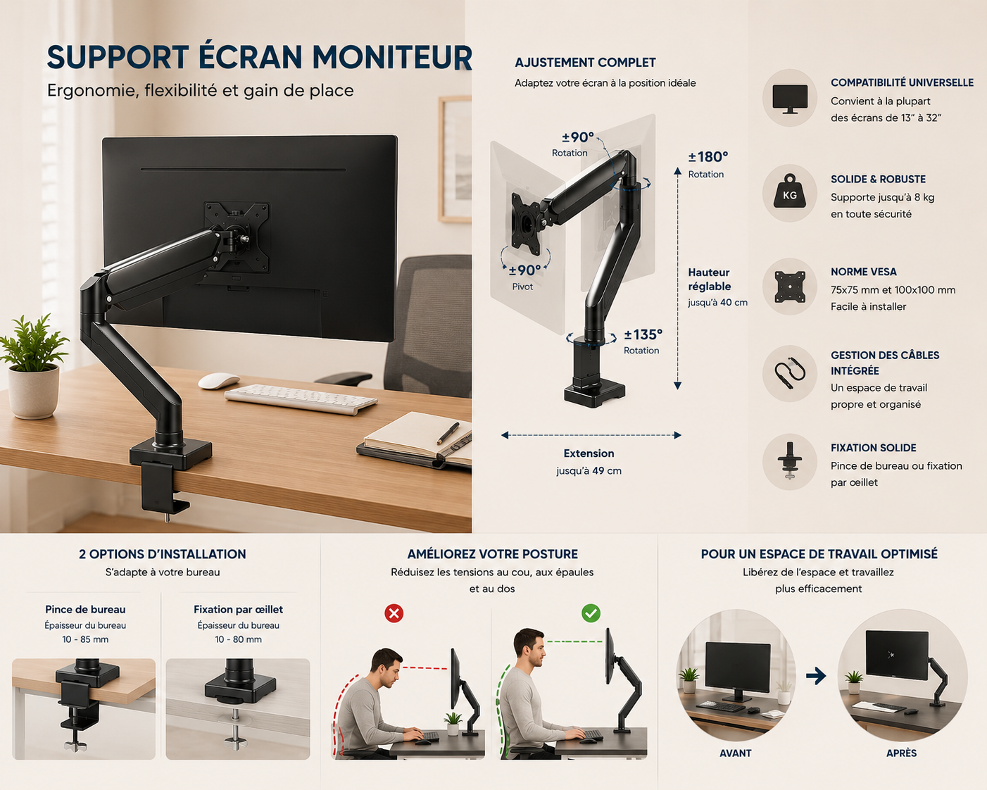Support Moniteur Universel 35" — Bras Simple Réglable, Capacité 10 kg, Noir ou Blanc Ergo & Fit
