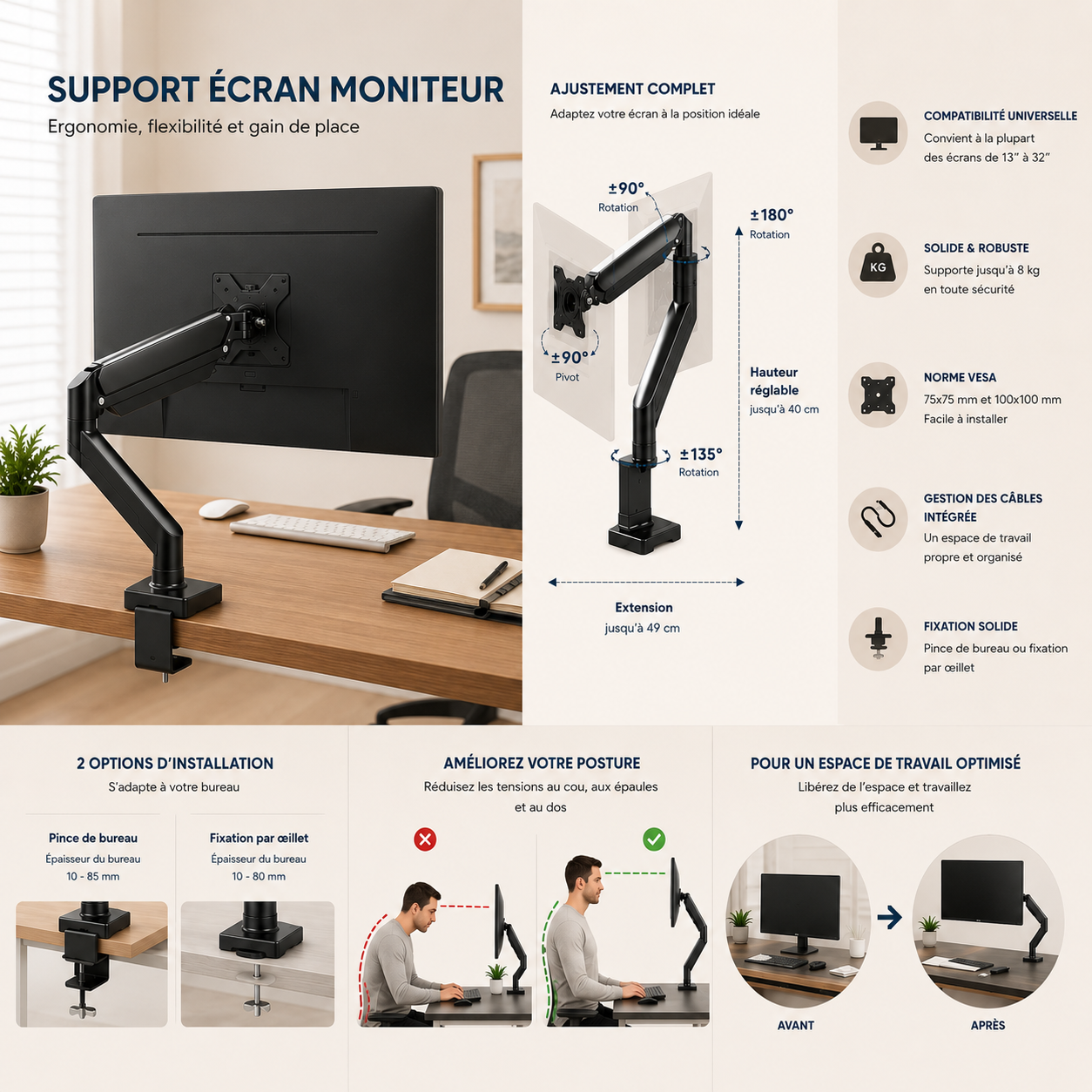 Support Moniteur Universel 35" — Bras Simple Réglable, Capacité 10 kg, Noir ou Blanc Ergo & Fit